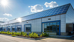 Zu sehen ist eine Fabrikhalle auf deren Dach mehrere Solarmodule montiert sind. Mit einem Klick erhalten Sie weitere Informationen zum Thema Photovoltaik für Geschäftskunden.