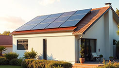 Vom Garten aus ist ein Einfamilienhaus zu sehen. Mehrere Solarmodule sind auf das Dach montiert. Mit einem Klick erhalten Sie weitere Informationen zum Thema Photovoltaik für Privatkunden.