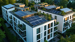 Aus der Vogelperspektive sind einige Wohneinheiten mit mehreren Wohnungen zu sehen. Die Häuser sind weiß und modern gestaltet. Auf dem Dach der Wohneinheiten sieht man die montierten Solarmodule. Mit einem Klick erhalten Sie weitere Informationen zum Thema Photovoltaik für die Wohnungswirtschaft.