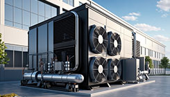 Zu sehen ist eine sehr große Wärmepumpen-Anlage, die aus mehreren Modulen besteht. Im Hintergrund sieht man eine große moderne Firma.