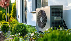 Vom Garten aus ist eine Wärmepumpe eines Einfamilienhauses zu sehen. Die Pflanzen im Garten sind grün.